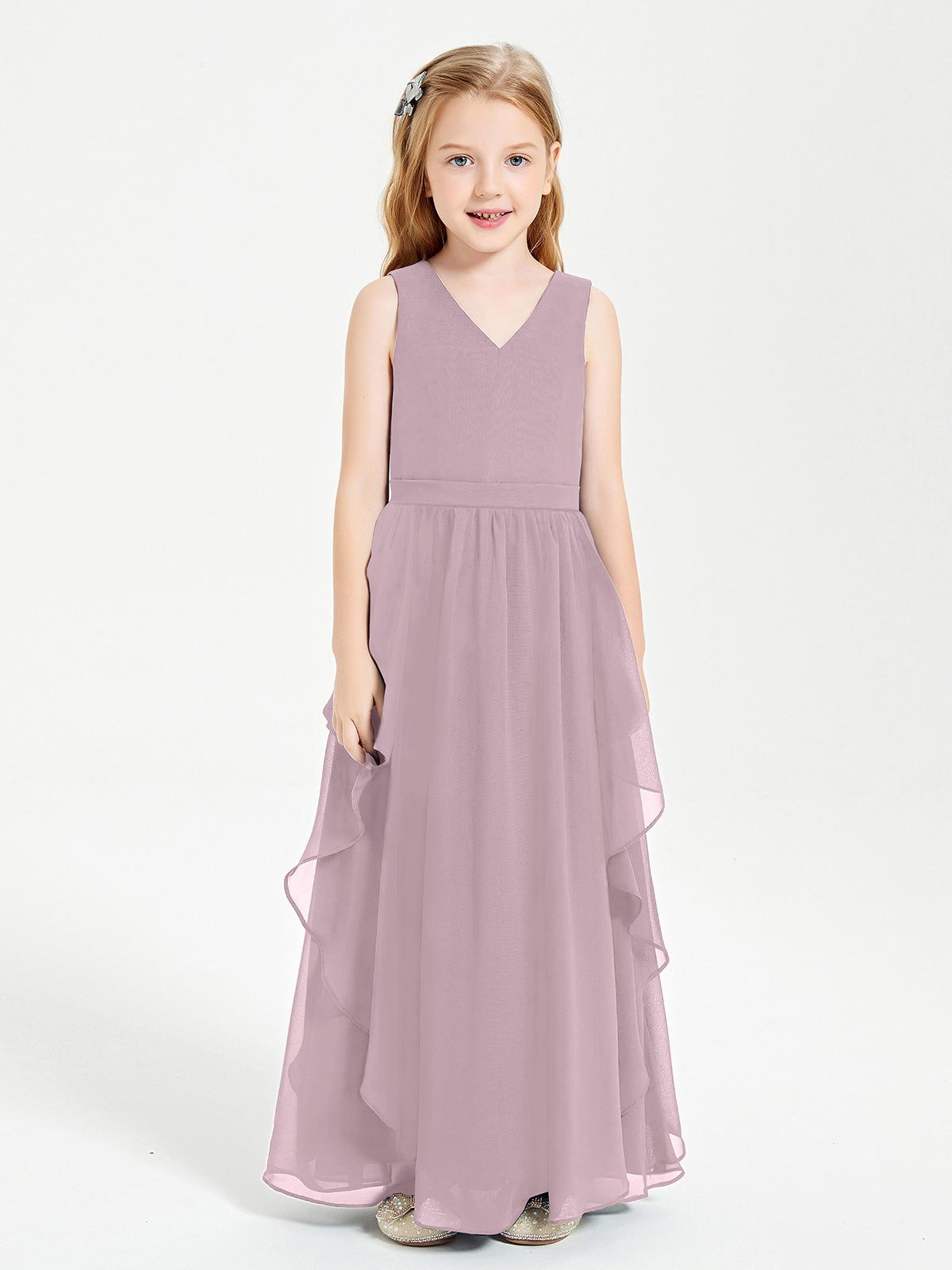 Boho Sleeveless Junior Chiffon Bridesmaids Gown Dusk